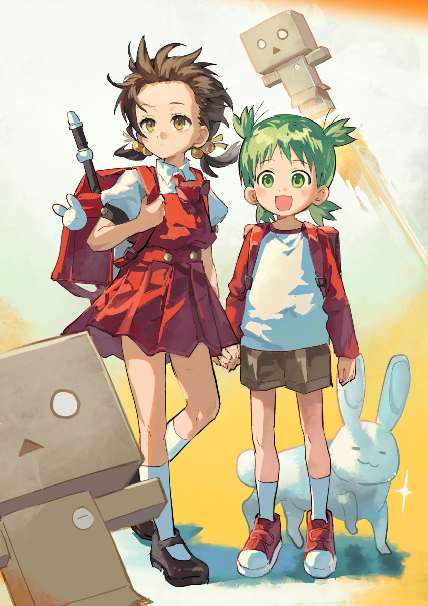 2girls :d backpack bag black_shoes brown_hair child closed_mouth commentary_request crossover danboo dress flute green_eyes green_hair hair_bobbles hair_ornament highres holding_hands ichi_(two_too_22) instrument kaai_yuki koiwai_yotsuba long_sleeves mary_janes multiple_girls open_mouth quad_tails rabbit randoseru recorder red_bag red_dress red_shoes shoes short_twintails smile socks twintails vocaloid white_socks yellow_eyes yotsubato!