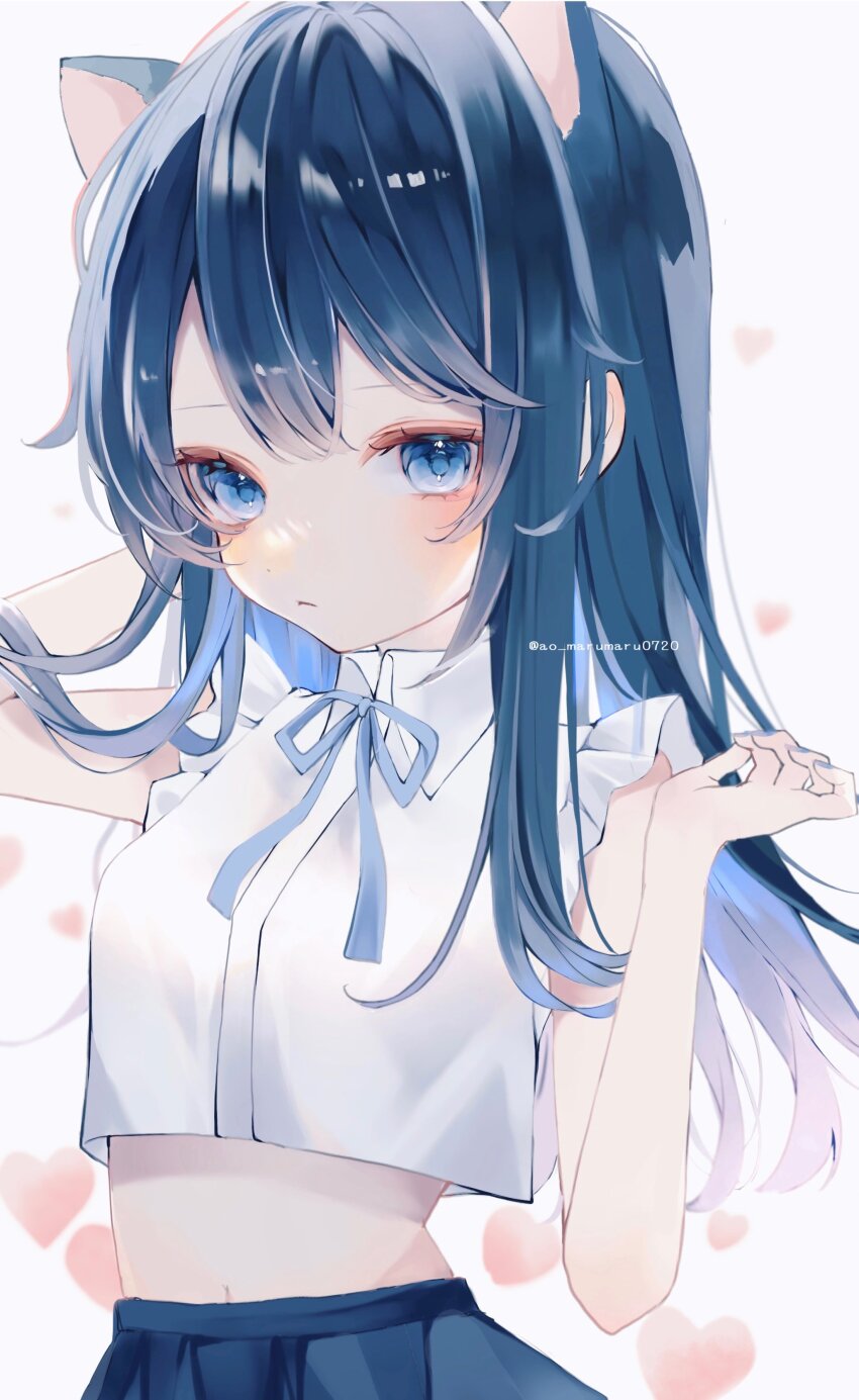 1girl absurdres animal_ears ao_marumaru0720 bare_arms blue_eyes blue_hair blue_ribbon blue_skirt blush cat_ears closed_mouth crop_top crop_top_overhang heart highres long_hair midriff navel neck_ribbon original pleated_shirt ribbon shirt skirt sleeveless sleeveless_shirt solo upper_body white_background