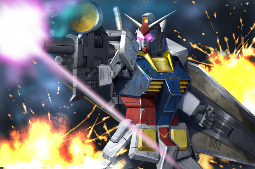 bad_id bad_pixiv_id battle beam_rifle derivative_work energy energy_beam energy_gun energy_weapon explosion firing glowing glowing_eyes gundam i.t.o_daynamics mecha mobile_suit_gundam realistic revision robot rx-78-2_gundam science_fiction shield weapon