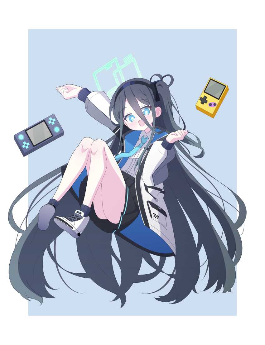 1girl 525_woiwo absurdly_long_hair absurdres aqua_halo aris_(blue_archive) black_hair black_hairband black_skirt black_socks blue_archive blue_background blue_eyes blue_necktie commentary_request full_body hair_between_eyes hairband halo handheld_game_console highres jacket knees_together_feet_apart long_hair long_hair_between_eyes long_sleeves looking_at_viewer necktie open_clothes open_jacket open_mouth pleated_skirt rectangular_halo shirt shoes simple_background skirt smile socks solo two-tone_background very_long_hair white_background white_jacket white_shirt white_shoes