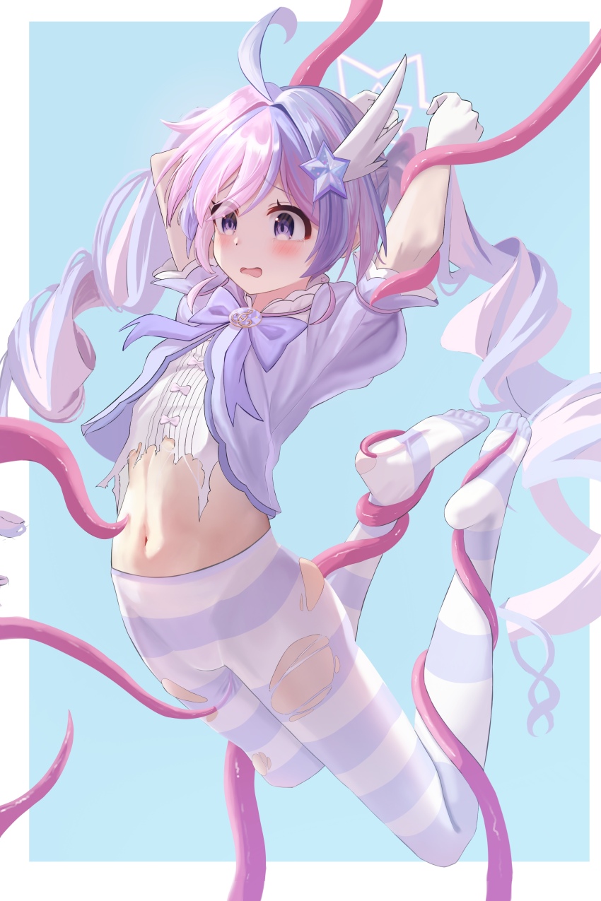 1girl absurdres ahoge arms_up blue_archive blue_background blush bound bound_arms bound_legs bow bowtie chinese_commentary commentary craig_(2980ct) dot_nose drill_hair feather_hair_ornament feet gloves hair_ornament halo highres jacket layered_sleeves loli long_hair magical_girl multicolored_hair navel no_shoes official_alternate_costume open_mouth pantyhose pink_bow pink_hair purple_bow purple_bowtie purple_hair purple_halo purple_jacket reisa_(blue_archive) reisa_(magical)_(blue_archive) restrained shirt shirt_bow short_sleeves simple_background soles solo star_(symbol) star_hair_ornament star_halo stomach striped_clothes striped_pantyhose tentacles thighs toes torn_clothes torn_pantyhose torn_shirt twin_drills twintails very_long_hair white_gloves white_pantyhose white_shirt