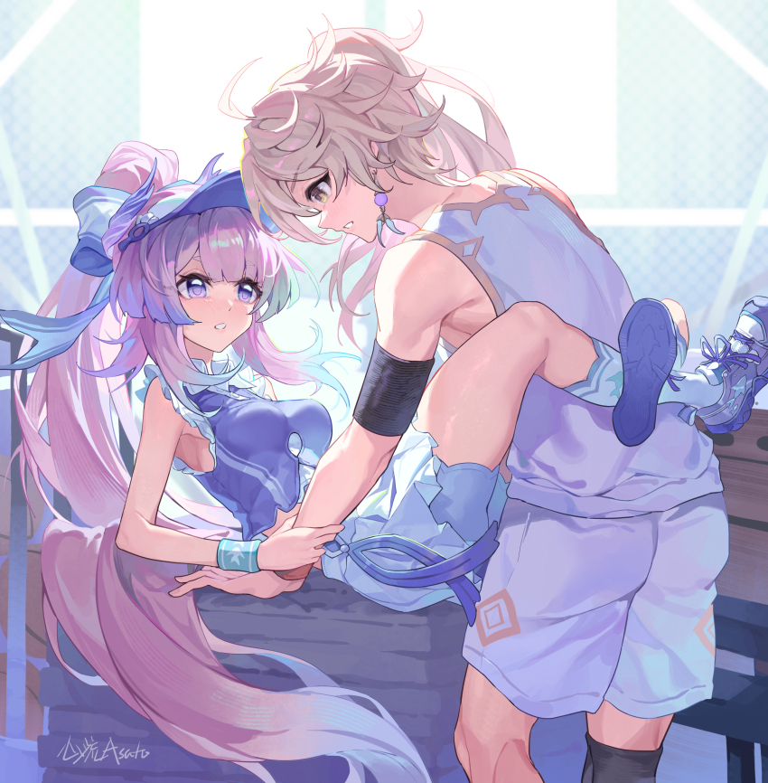 1girl absurdres aether_(genshin_impact) artist_name bare_shoulders bike_shorts bike_shorts_under_shorts blonde_hair blue_horns blue_shoes blush bow-shaped_hair breasts bunting colored_tips earrings genshin_impact gradient_hair highres horns jewelry leg_lock long_hair lying medium_breasts multicolored_hair official_alternate_costume official_alternate_hairstyle on_back pink_hair pleated_skirt ponytail purple_eyes sangonomiya_kokomi sangonomiya_kokomi_(pulse+) shirt shoes shorts single_earring skirt sleeveless socks sportswear tennis_uniform very_long_hair visor_cap white_shirt white_shorts white_skirt white_socks wristband xinliu_asato