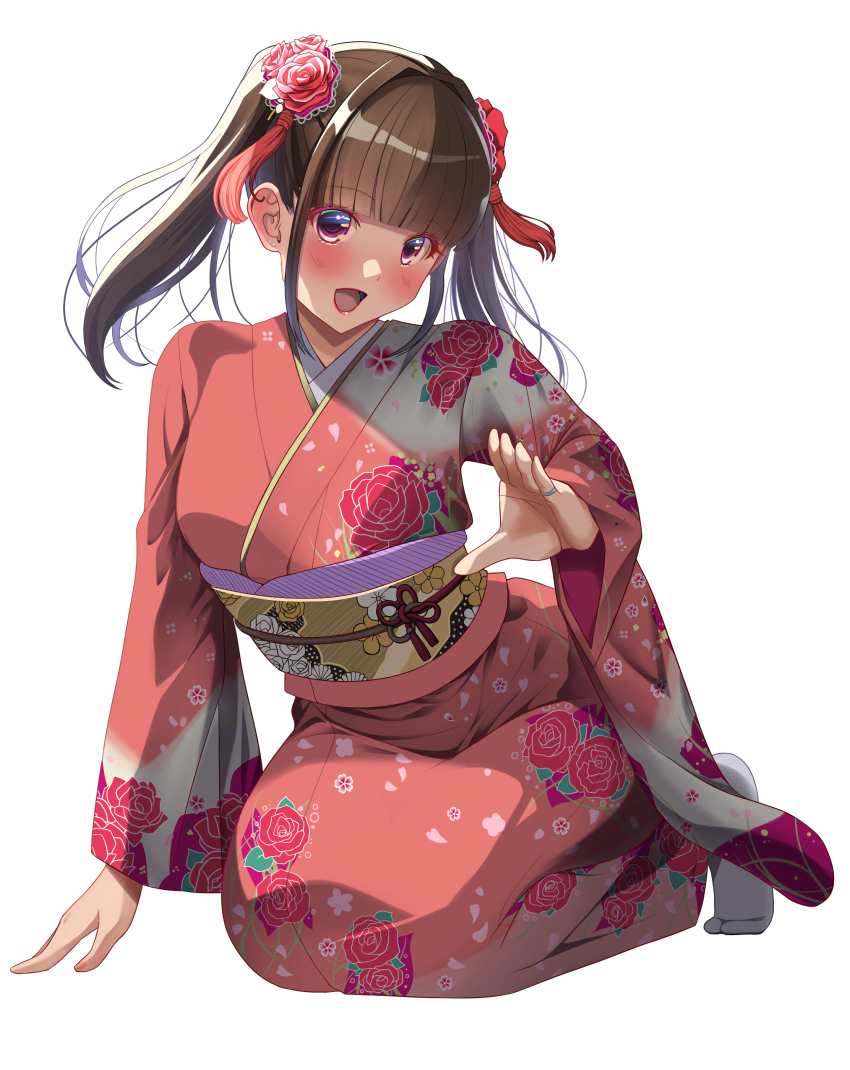 1girl 2025 :d absurdres akihiro0920 ankle_socks blunt_bangs blush brown_hair commentary_request floral_print floral_print_kimono flower full_body geta hair_flower hair_ornament hand_up highres japanese_clothes kimono kneeling komasan long_hair looking_at_viewer nengajou new_year open_mouth original parted_lips pleated_skirt print_kimono purple_eyes red_kimono red_skirt sidelocks simple_background skirt smile socks solo tamura_yukari twintails white_background white_socks wide_sleeves