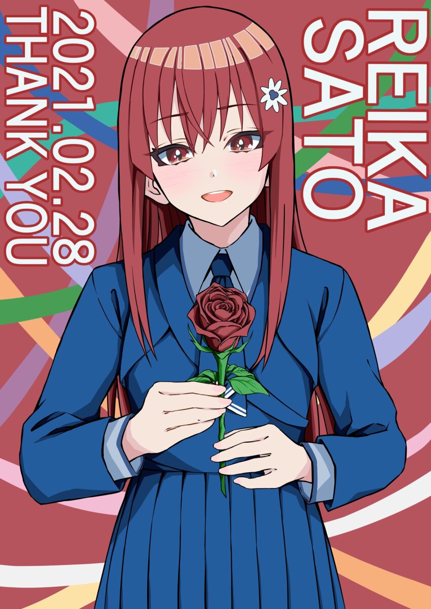 1girl 22/7 blue_dress blue_necktie boku_ga_motteru_mono_nara character_name collared_shirt cowboy_shot crossed_bangs dated dress flower hair_flower hair_ornament highres holding holding_flower lionmaru0808 long_hair long_sleeves looking_at_viewer necktie open_mouth pleated_dress red_eyes red_flower red_hair red_rose rose sato_reika shirt smile solo standing teeth upper_teeth_only white_flower