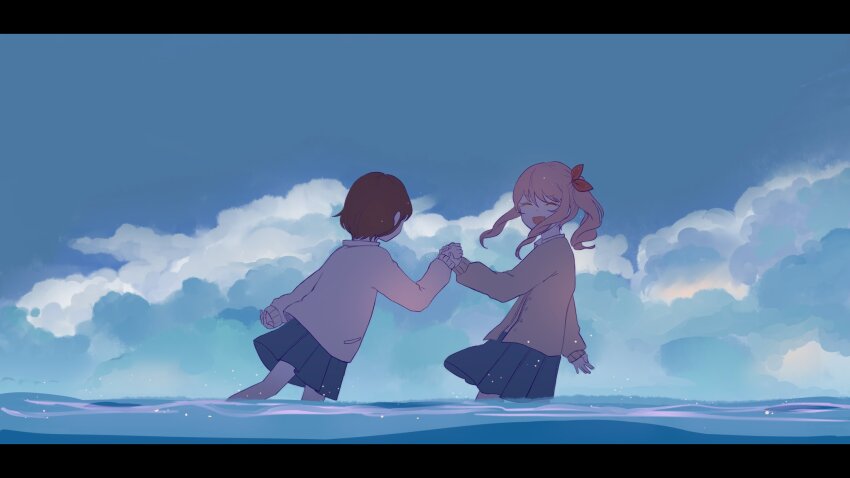 1girl 1other :d ^_^ akiyama_mizuki arm_behind_back blue_skirt blue_sky brown_cardigan brown_hair cardigan closed_eyes cloud cloudy_sky collared_shirt commentary day facing_another hair_ribbon highres holding_hands kamiyama_high_school_uniform_(project_sekai) kyline leaning_back leaning_forward letterboxed long_hair long_sidelocks long_sleeves ocean open_cardigan open_clothes open_mouth outdoors pink_hair pleated_skirt pocket project_sekai red_ribbon ribbon school_uniform shinonome_ena shirt short_hair side_ponytail sidelocks skirt sky smile standing wading wide_shot