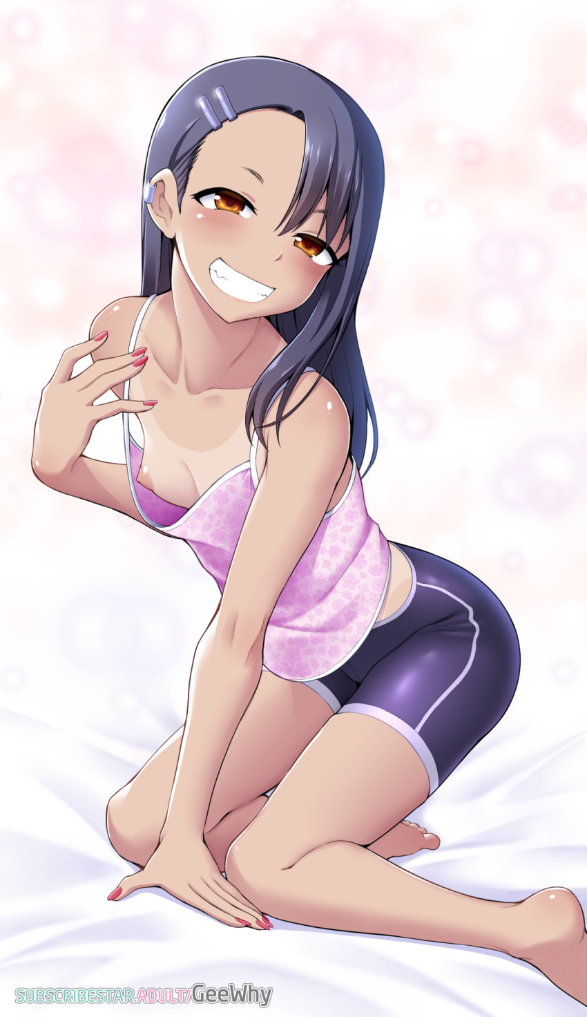 1girl arm_support bare_arms bare_shoulders bike_shorts black_hair black_shorts blouse blurry blush bokeh breasts brown_eyes dark-skinned_female dark_skin depth_of_field downblouse female_focus fingernails from_side geewhy grin hair_between_eyes hair_ornament hairclip half-closed_eyes head_tilt highres ijiranaide_nagatoro-san jewelry long_fingernails long_hair looking_at_viewer looking_to_the_side nagatoro_hayase nail_polish nipple_slip nipples no_bra one-piece_tan shiny_clothes shirt shorts sleeveless sleeveless_shirt small_breasts smile solo tan tanline teeth watermark web_address