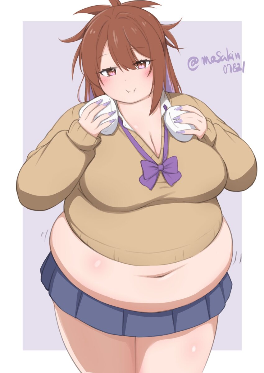 1girl belly blue_skirt blush borrowed_character bow bowtie breasts brown_hair brown_sweater cleavage colored_inner_hair eating fat fat_woman food holding holding_food large_breasts masakin midriff miniskirt muffin_top multicolored_hair navel onigiri original pink_eyes purple_hair purple_nails skirt solo spiked_hair standing sweater tight_clothes