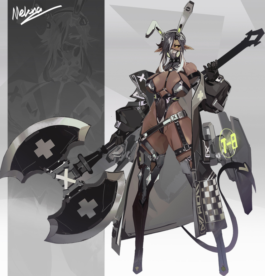 1girl animal_ears axe black_coat black_gloves black_hair black_leotard boots breasts coat dark-skinned_female dark_elf dark_skin elf fake_animal_ears gloves hair_over_one_eye highleg highleg_leotard highres holding holding_axe huge_weapon large_breasts leotard long_hair looking_at_viewer multicolored_hair nontraditional_playboy_bunny open_clothes open_coat original pointy_ears puffy_sleeves rabbit_ears simple_background smjim1986 solo thigh_boots two-tone_hair weapon white_hair yellow_eyes