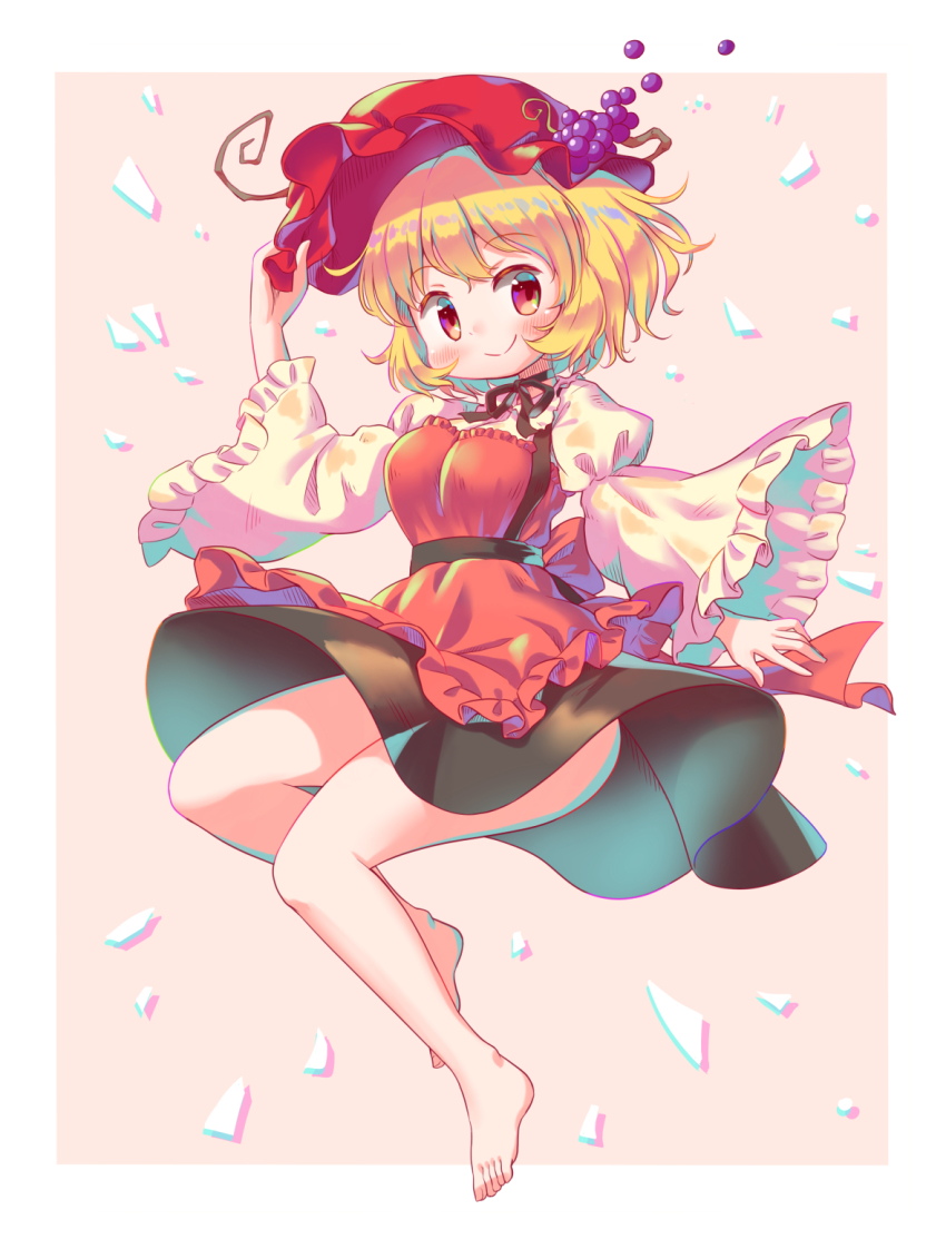 1girl aki_minoriko apron arinu barefoot black_ribbon black_skirt blonde_hair border closed_mouth food fruit full_body grapes hand_on_headwear hat highres juliet_sleeves long_sleeves looking_at_viewer mob_cap neck_ribbon puffy_sleeves red_apron red_eyes red_hat ribbon short_hair simple_background skirt smile solo touhou white_border wide_sleeves