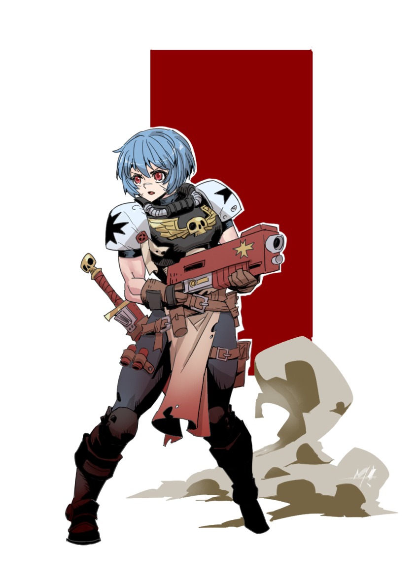 1girl adeptus_astartes ammunition_belt armor black_templar black_templars blue_hair boots genderswap genderswap_(mtf) gun highres holding holding_weapon loincloth looking_to_the_side open_mouth pauldrons purity_seal red_eyes rmulderz scar scar_on_face short_hair shotgun shotgun_shell shoulder_armor skull solo sword warhammer_40k weapon