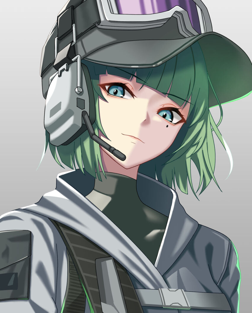 1girl arknights baseball_cap black_hat black_shirt blue_eyes blunt_bangs closed_mouth ela_(rainbow_six_siege) goggles goggles_on_headwear green_hair grey_background grey_jacket hat headset highres ikutachi jacket mole mole_under_eye peaked_cap portrait rainbow_six_siege shirt short_hair solo turtleneck turtleneck_shirt