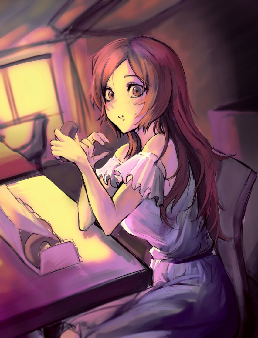 1girl bare_shoulders bleach breasts brown_eyes chair closed_mouth donut dress eating food highres indoors inoue_orihime long_dress long_hair looking_at_viewer orange_hair pastry_box sitting table white_dress window wonhae10054523