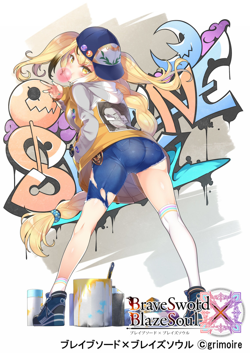1girl aqua_nails ass asymmetrical_legwear asymmetrical_shorts badge baseball_cap blonde_hair blowing_bubbles blue_boots blue_hat blue_shorts boots braid brave_sword_x_blaze_soul breasts brown_jacket button_badge character_name chewing_gum commentary_request copyright_name copyright_notice denim denim_shorts female_focus graffiti hand_in_pocket hat highres hood hood_down hooded_jacket jacket kokka_han long_hair long_sleeves medium_breasts nail_polish official_art over-kneehighs paint_can paintbrush print_jacket shorts sideways_hat single_over-kneehigh single_sock single_thighhigh sleeves_past_wrists socks solo thighhighs torn_clothes torn_shorts uneven_legwear v-shaped_eyebrows very_long_hair watermark white_socks yellow_eyes