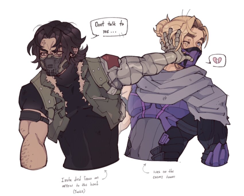 2boys black_hair black_shirt blonde_hair broken_heart cropped_jacket duckiegrumpy english_text green_jacket hawkeye_(marvel) heart highres image_in_speech_bubble jacket bucky_barnes male_focus marvel marvel_rivals mask mechanical_arms mouth_mask multiple_boys open_clothes open_jacket purple_mask shirt short_hair short_sleeves simple_background single_mechanical_arm sleeveless sleeveless_jacket speech_bubble upper_body white_background winter_soldier