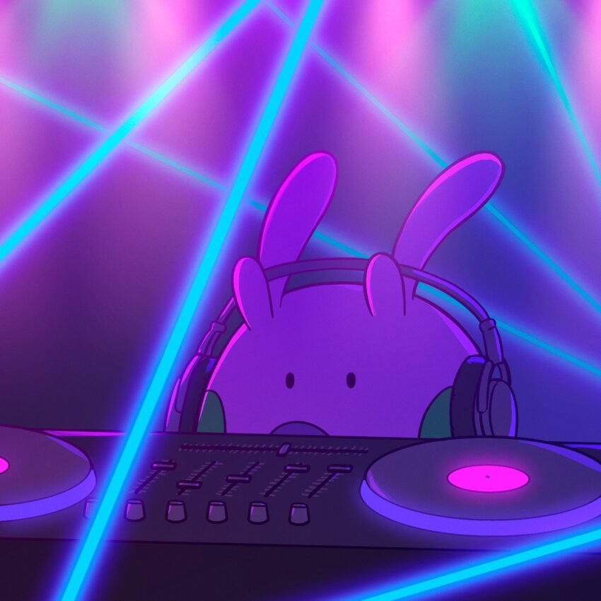 closed_mouth dj gen_6_pokemon goomy headphones highres nintendo no_humans numera_goomy phonograph pokemon pokemon_(creature) rave_party solid_oval_eyes turntable ultraviolet_light vinyl_record