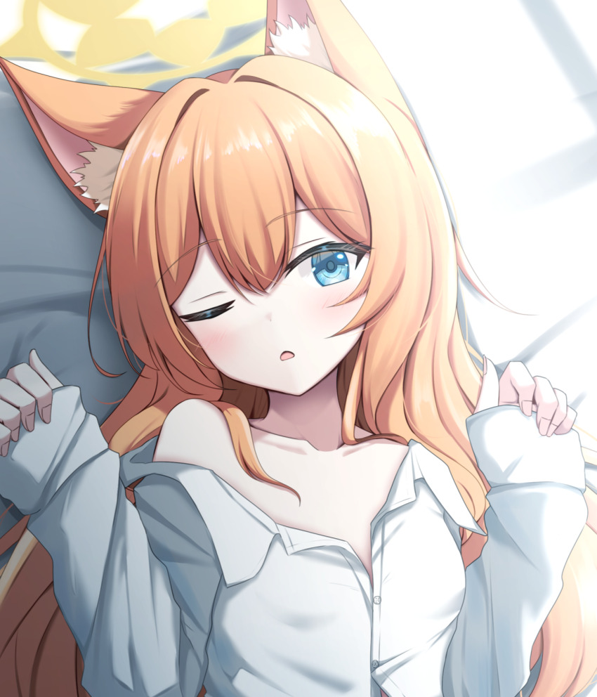1girl animal_ear_fluff animal_ears bed_sheet blue_archive blue_eyes blush breasts cat_ears cat_girl collarbone commentary_request hair_between_eyes hair_down hair_intakes hair_over_shoulder halo hand_up head_tilt highres kamesys long_hair looking_at_viewer mari_(blue_archive) naked_shirt no_hair_ornament one_eye_closed open_mouth orange_hair paid_reward_available shirt sidelighting single_bare_shoulder sleeves_past_wrists small_breasts solo tsurime upper_body w_arms yellow_halo