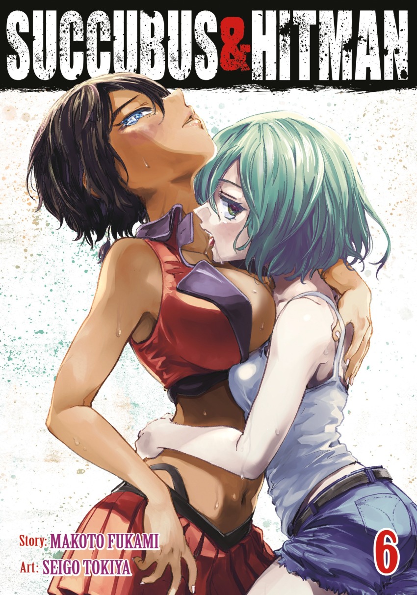 2girls arched_back artist_name bare_shoulders belt blue_eyes blush breast_press breasts brown_eyes brown_hair cover cover_page crop_top dark-skinned_female dark_skin drooling eyelashes female_focus from_side green_hair hair_between_eyes hand_on_another&#039;s_back hand_on_another&#039;s_waist high_collar highleg highleg_panties highres large_breasts licking licking_another&#039;s_chest lips looking_at_viewer manga_cover medium_breasts multiple_girls navel official_art open_mouth panties pleated_skirt red_skirt short_hair short_shorts shorts skirt sleeveless succubus_&amp;_hitman sweat sweatdrop tank_top tearing_up tokiya_seigo tongue tongue_out underwear upper_body white_tank_top yuri