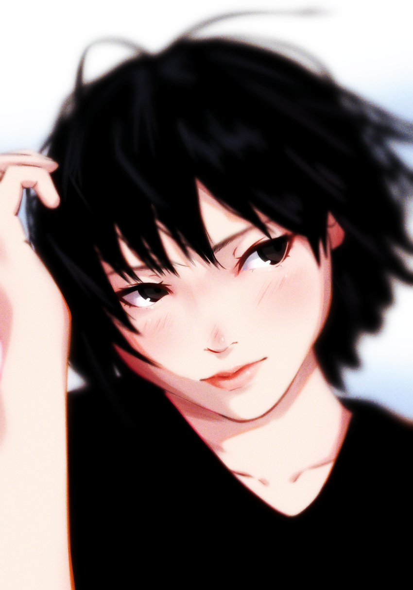 1girl absurdres adjusting_hair amagami averting_eyes black_eyes black_hair black_shirt blurry blurry_background blush close-up collarbone commentary depth_of_field eyelashes film_grain hand_up head_tilt highres light_blush lips looking_to_the_side messy_hair nanasaki_ai nose_blush oshizu pink_lips portrait shirt short_hair solo white_background wind