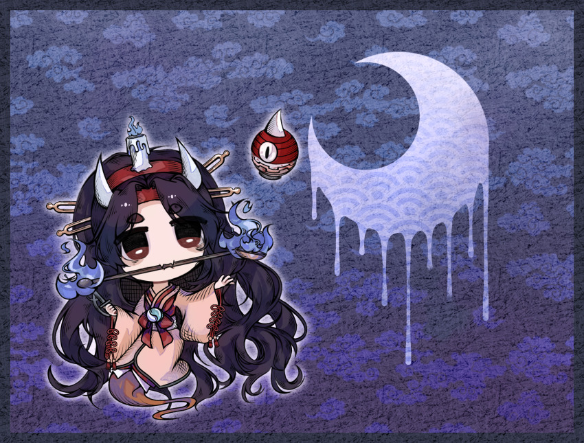 1other androgynous artist_collaboration black_hair blue_fire burabura candle_on_head chibi collaboration_request commentary_request crescent fangs fire ghost_tail gin_no_ha hair_ornament hairband hairclip headband highres horns japanese_clothes kimono len&#039;en long_hair long_sleeves mouth_hold no_nose obi object_on_head other_focus parted_bangs red_eyes red_hairband red_headband red_ribbon ribbon sash skin_fangs taira_no_chouki tassel wavy_hair white_horns white_sash wide_sleeves yellow_kimono