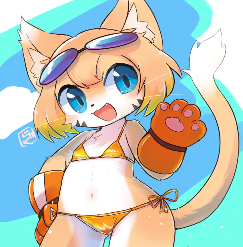 1girl absurdres animal_hands bikini blue_eyes blue_sky cat_busters cat_girl cloud fang furry furry_female gloves goggles goggles_on_head gold_bikini hand_on_own_hip highres looking_at_viewer open_mouth pac-man_(cat_busters) paw_gloves ragu_(apricolor) short_hair side-tie_bikini_bottom sky solo swimsuit wide_hips