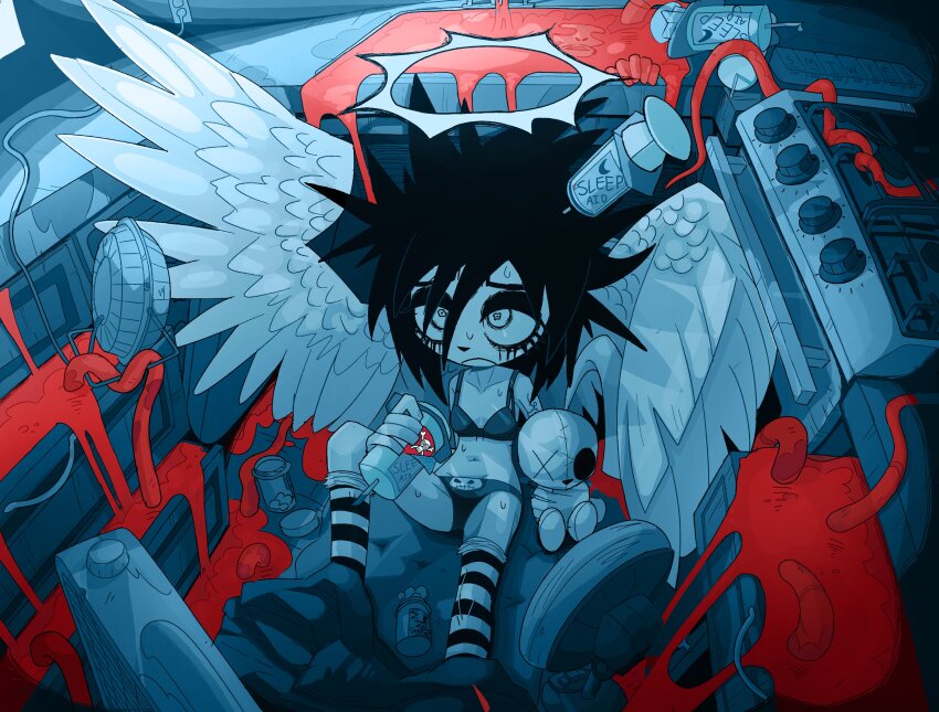 1girl absurdres ambiguous_red_liquid angel_wings bed_sheet bikini black_hair black_panties breasts collarbone electric_fan electrical_outlet halo highres hikikomori holding holding_stuffed_toy holding_syringe i_can&#039;t_sleep indoors kitchen messy_hair nia_(i_can&#039;t_sleep) object_through_head on_floor open_mouth oven panties pill pill_bottle saghaley sitting skull skull_print small_breasts solo spread_legs striped_clothes striped_thighhighs stuffed_animal stuffed_rabbit stuffed_toy sweat swimsuit syringe syringe_in_head tattoo tentacles thighhighs underwear white_wings wide-eyed wings