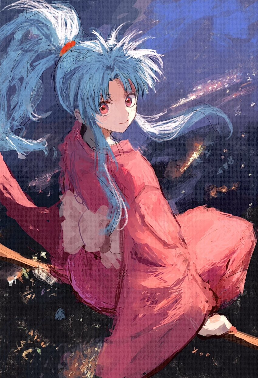 1girl back_bow blue_hair botan_(yu_yu_hakusho) bow broom broom_riding closed_mouth fuyumurasaki highres japanese_clothes kimono long_hair looking_at_viewer midair ponytail red_eyes smile solo white_bow yuu_yuu_hakusho