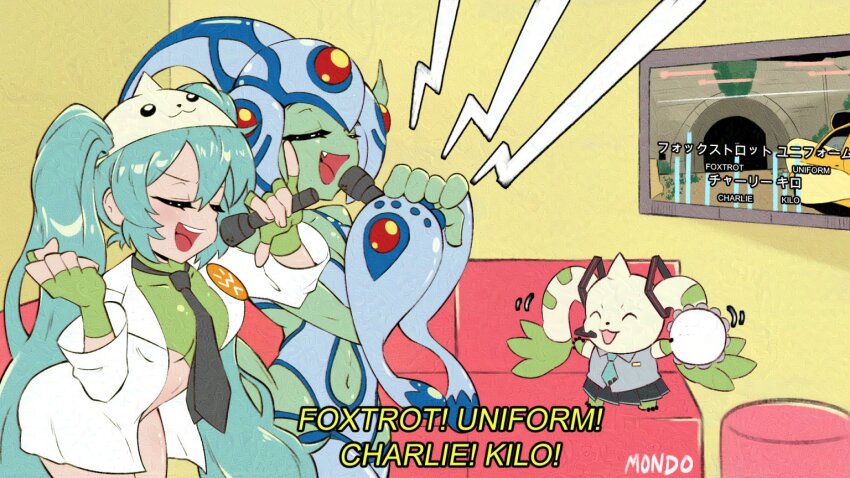 2girls aqua_hair bare_shoulders bloodhound_gang blue_one-piece_swimsuit closed_eyes coat colored_skin cosplay fang fingerless_gloves gloves green_gloves green_skin group_picture hatsune_miku hatsune_miku_(cosplay) holding holding_microphone indoors karaoke lab_coat long_hair lyrics microphone multiple_girls navel one-piece_swimsuit open_mouth pointy_ears ranamon supermondobeat swimsuit terriermon terriermon_joshu terriermon_joshu_(cosplay) twintails very_long_hair white_coat