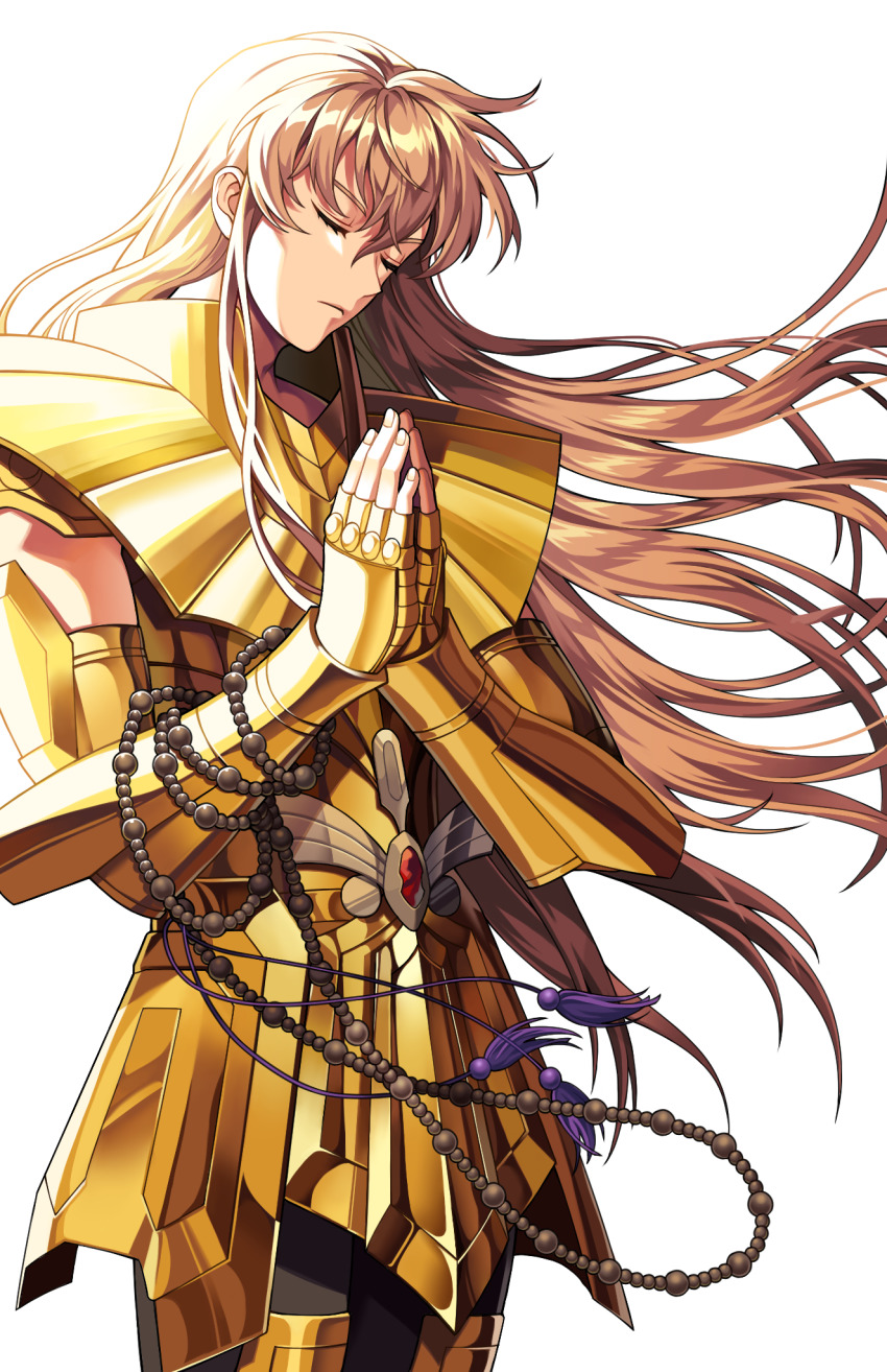 1boy armor beads bishounen blonde_hair breastplate closed_eyes closed_mouth commentary faulds fingernails floating_hair gauntlets gold_armor gold_saint hair_between_eyes highres long_hair male_focus own_hands_together palms_together prayer_beads praying saint_seiya shoulder_armor sidelighting simple_background solo standing virgo_shaka white_background yunoo_(cmzkvneld845)
