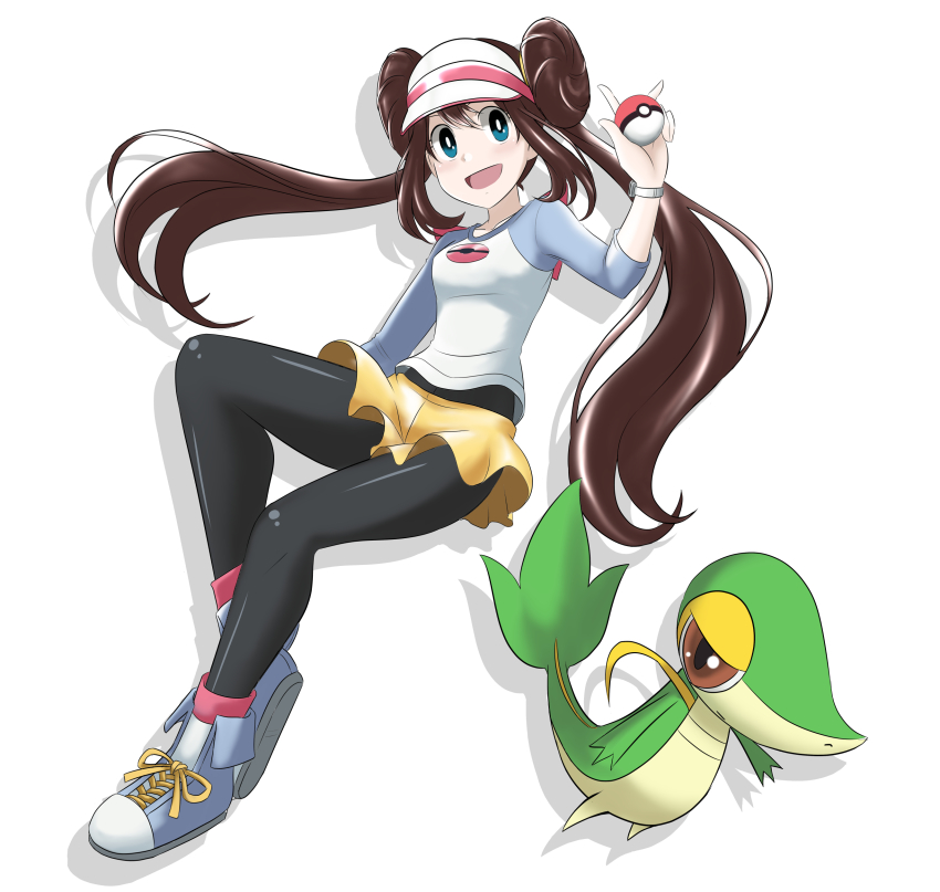 1girl absurdres black_pantyhose blue_eyes breasts brown_hair double_bun gen_5_pokemon hair_bun highres long_hair nintendo open_mouth pantyhose pantyhose_under_shorts pokemon pokemon_(creature) pokemon_bw2 raglan_sleeves rosa_(pokemon) shorts simple_background smile snivy takaya_n twintails visor_cap white_background