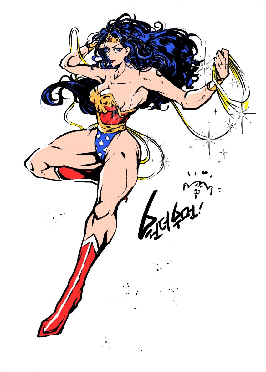 1girl absurdres bare_legs bare_shoulders biceps black_hair blue_eyes blush bracer breasts curvy dc_comics full_body highleg highleg_leotard highres large_breasts leotard long_hair looking_at_viewer multicolored_leotard muscular muscular_female parted_bangs parted_lips revealing_clothes ryeono_kemo shiny_skin simple_background smile solo star_(symbol) star_print superhero_costume thick_thighs thighs toned toned_female translation_request two-tone_leotard white_background wide_hips wonder_woman wonder_woman_(series)