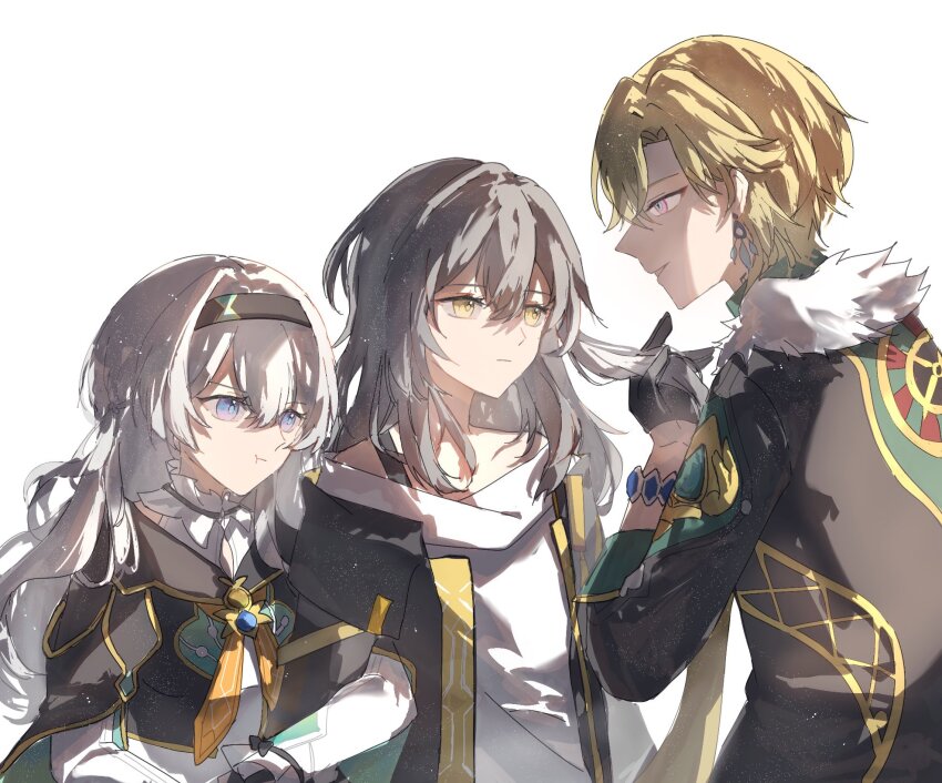 1boy 2girls :t armband aventurine_(honkai:_star_rail) bisexual_female black_gloves black_hairband black_jacket cropped_jacket earrings firefly_(honkai:_star_rail) frilled_sleeves frills fur-trimmed_jacket fur_trim gloves grey_hair hair_between_eyes hair_intakes hairband highres holding holding_another&#039;s_hair holding_armband holding_unworn_clothes honkai:_star_rail honkai_(series) jacket jewelry long_hair long_sleeves minutes multicolored_eyes multiple_girls neckerchief open_clothes open_jacket orange_neckerchief shirt single_earring smile stelle_(honkai:_star_rail) trailblazer_(honkai:_star_rail) two-tone_eyes unworn_armband upper_body white_background white_shirt yuri
