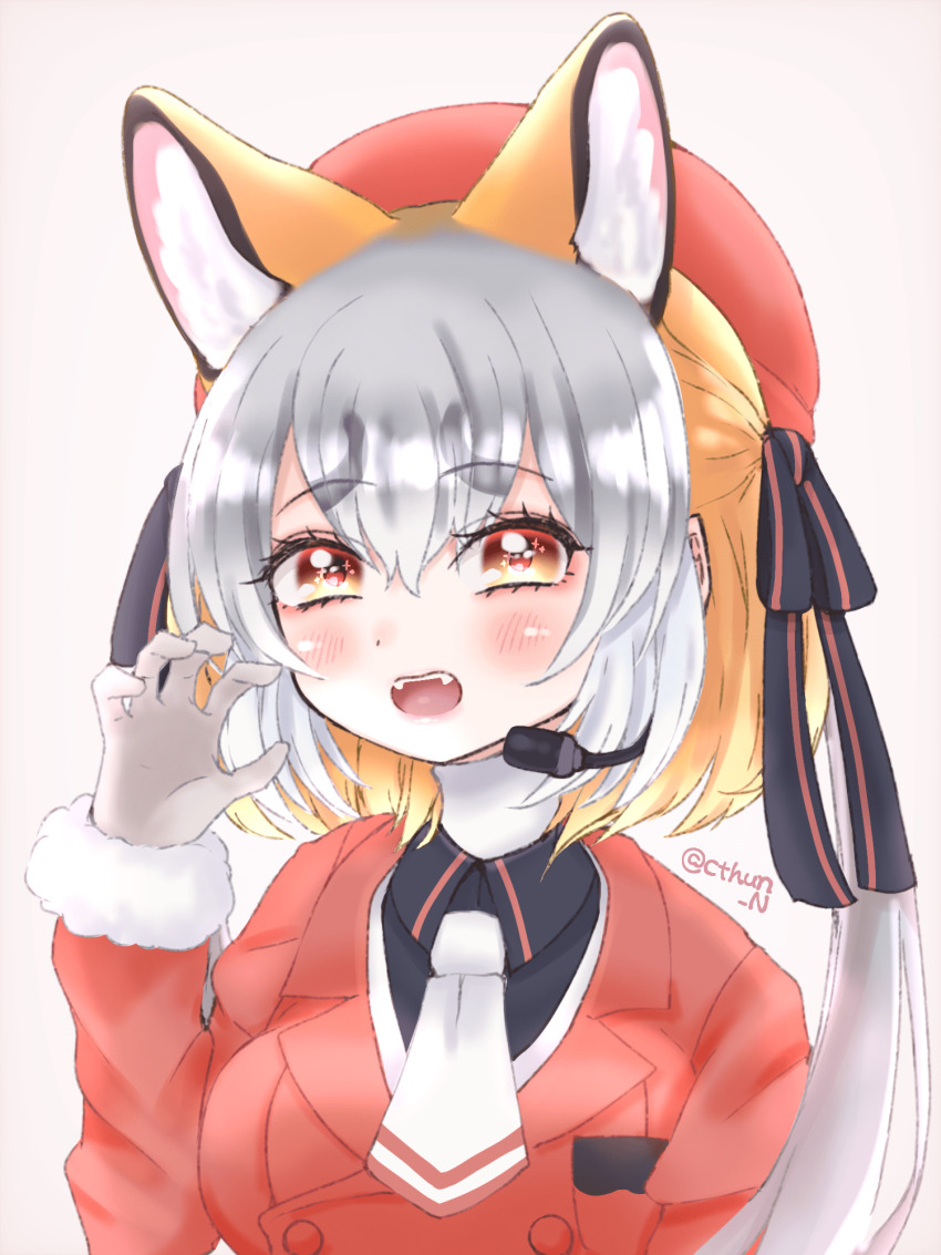 1girl animal_ears blazer cthun_n extra_ears fox_ears fox_girl gloves grey_background grey_hair hat highres island_fox_(kemono_friends) jacket kemono_friends kemono_friends_v_project long_hair looking_at_viewer microphone multicolored_hair necktie orange_hair ribbon shirt simple_background solo twintails two-tone_hair upper_body virtual_youtuber yellow_eyes