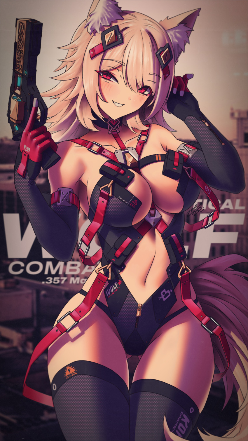 1girl absurdres animal_ear_fluff animal_ears arm_up black_choker black_gloves black_thighhighs blurry blurry_background blush breasts brown_tail choker collarbone commission cowboy_shot detached_sleeves gloves gluteal_fold gun hand_up handgun highres holding holding_gun holding_weapon large_breasts navel original red_eyes red_gloves smile tail teeth thighhighs thighs two-tone_gloves weapon zhvo