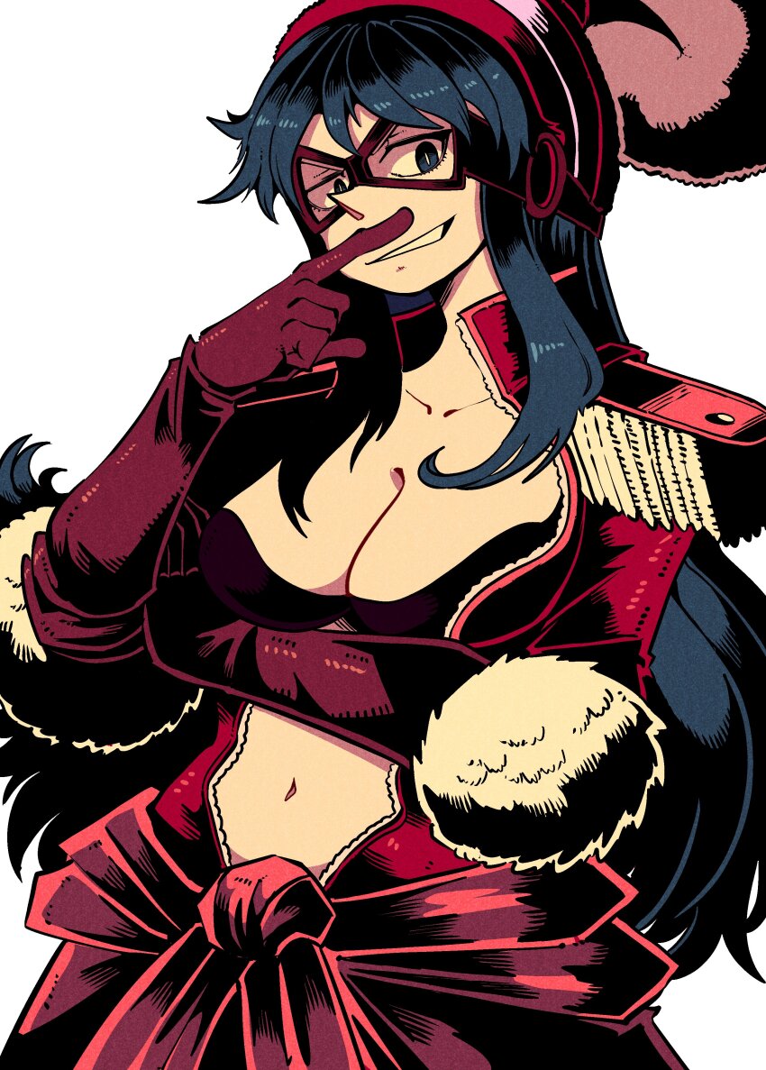 1girl absurdres black_bra blue_hair bra breasts cleavage commentary cowboy_shot english_commentary epaulettes eye_mask gloves hat high_collar highres long_hair looking_at_viewer navel one_piece pointy_nose porche_(one_piece) simple_background smile solo underwear vakodraws white_background