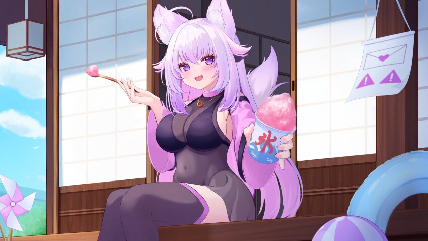 1girl :d absurdres ahoge animal_ears architecture ball beachball bell_sleeves black_bra black_leotard blue_sky blush bra breasts cat_ears cat_girl cat_tail cloud colored_inner_hair colored_tips commission covered_navel day east_asian_architecture eyelashes fang food g-string gold_necklace highres indie_virtual_youtuber innertube jewelry large_breasts leotard letter long_hair long_sleeves love_letter multicolored_hair necklace open_mouth outdoors pink_nails pinwheel pisceun porch purple_eyes see-through_clothes see-through_shirt sharing_food shaved_ice shirt shiyuonline shouji sideboob simple_bird skeb_commission sky sliding_doors smile solo stirrup_legwear summer swim_ring tail thighhighs thong toeless_legwear transparent_leotard underwear white_hair wooden_porch