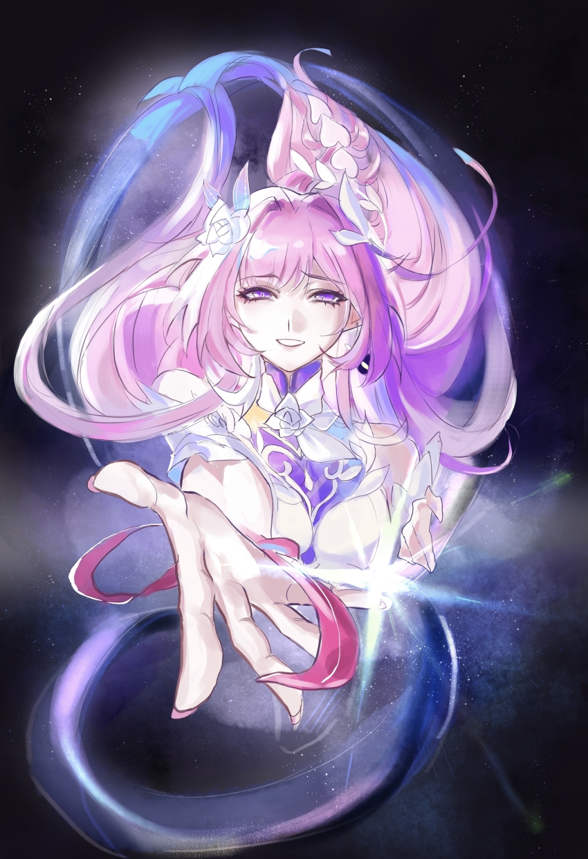 1girl absurdres amphoreus_(honkai:_star_rail) bare_shoulders breasts chinese_commentary commentary_request cyrene_(honkai:_star_rail) cyrene_(ripples_of_past_reverie)_(honkai:_star_rail) diamond-shaped_pupils diamond_(shape) dress flower hair_flower hair_ornament heartlessx highres honkai:_star_rail honkai_(series) large_breasts long_hair mobius_strip pink_hair purple_eyes reaching reaching_towards_viewer solo space symbol-shaped_pupils very_long_hair white_background white_dress