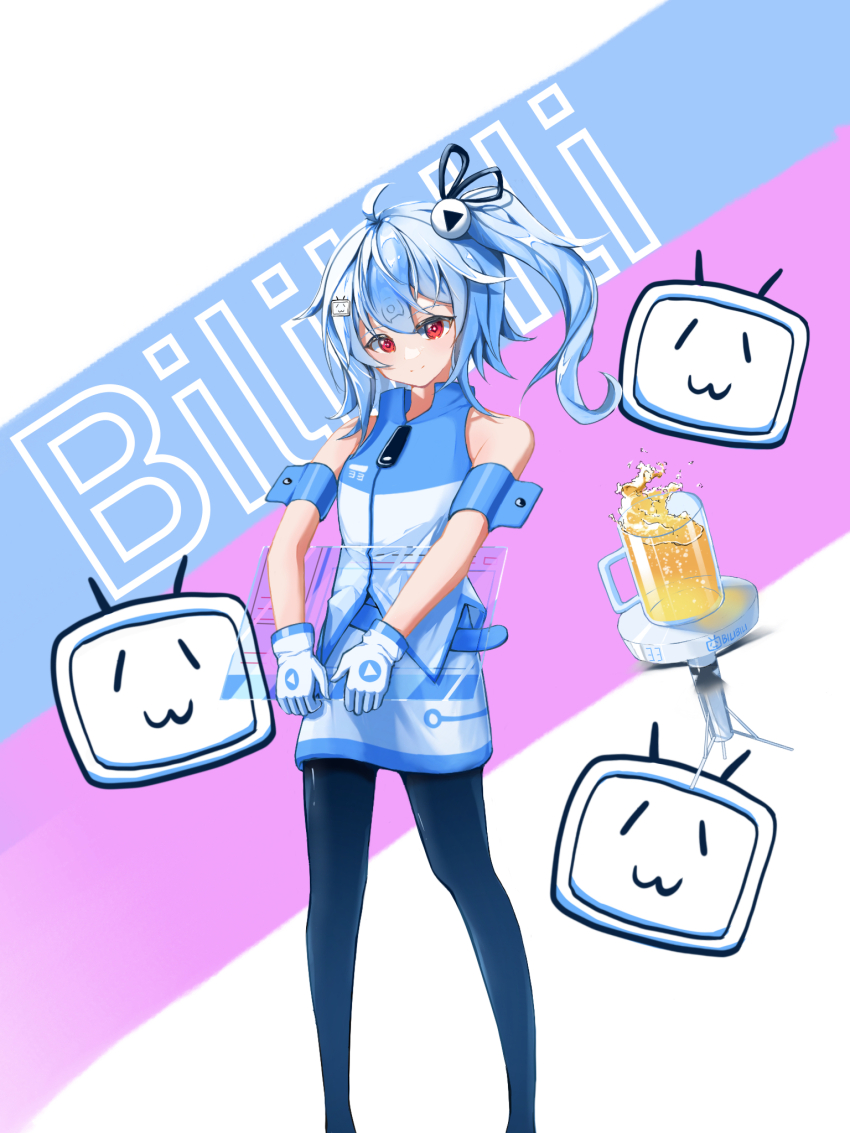 1girl alcohol beer beer_mug bili_girl_33 bilibili black_pantyhose blue_hair closed_mouth commentary cup gloves hair_ornament highres holding holding_tablet_pc logo looking_at_viewer medium_hair mug multicolored_skirt multicolored_vest pantyhose red_eyes side_ponytail skirt solo tablet_pc white_gloves zagwei