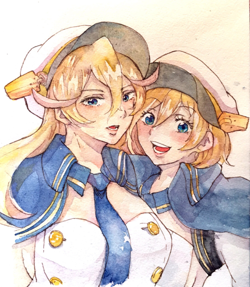 2girls azur_lane blonde_hair blue_coat blue_eyes buttons california_(azur_lane) coat crossed_bangs dark-skinned_female dark_skin detached_sleeves double-breasted dress hat high_collar highres long_coat long_hair mayaran microdress military military_uniform multiple_girls naval_uniform necktie peaked_cap short_hair strapless strapless_dress tennessee_(azur_lane) white_dress white_headwear
