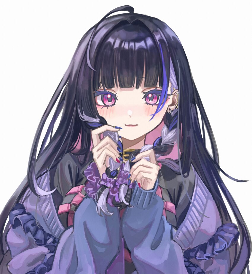 1girl :3 absurdres ahoge belt_collar blunt_bangs blush braid braided_sidelocks breast_strap cardigan choker collar collared_shirt earrings eyeshadow grabbing_own_hair highres jacket jewelry looking_at_viewer makeup meloco_kyoran meloco_kyoran_(1st_costume) miritenoru multicolored_hair multiple_earrings necktie nijisanji nijisanji_en pink_eyes purple_cardigan purple_eyeshadow purple_hair purple_jacket purple_necktie shirt side_braids streaked_hair virtual_youtuber