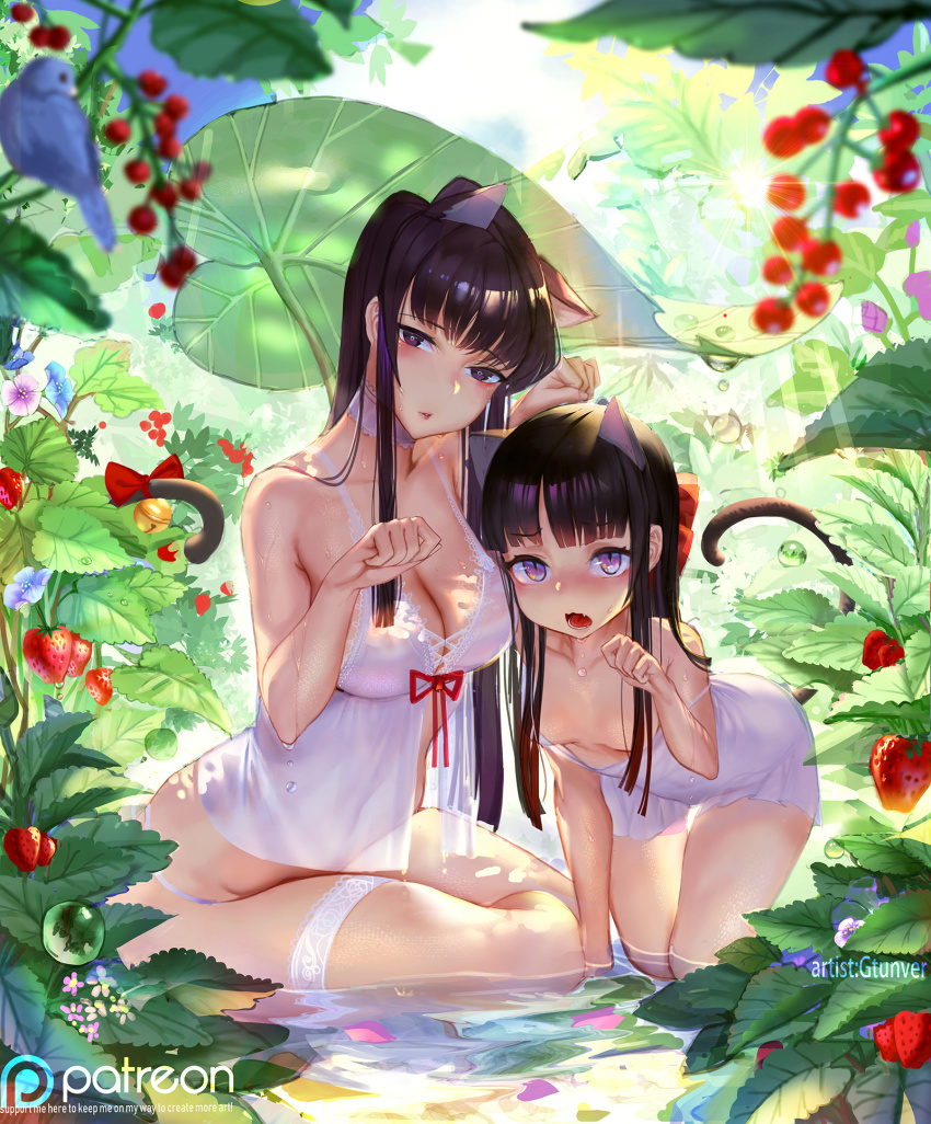 2girls all_fours animal_ears bell berry black_hair blush bow breasts cat_ears cat_tail cleavage downblouse flower food fruit gtunver hair_over_breasts highres komi-san_wa_komyushou_desu komi_shouko large_breasts leaf loli long_hair looking_at_viewer multiple_girls natsukido_rei navel nightgown no_bra panties partially_submerged paw_pose plant seiza sitting small_breasts stomach strap_slip strawberry tail tail_bell tail_bow tail_ornament thigh_strap underwear water wet white_panties