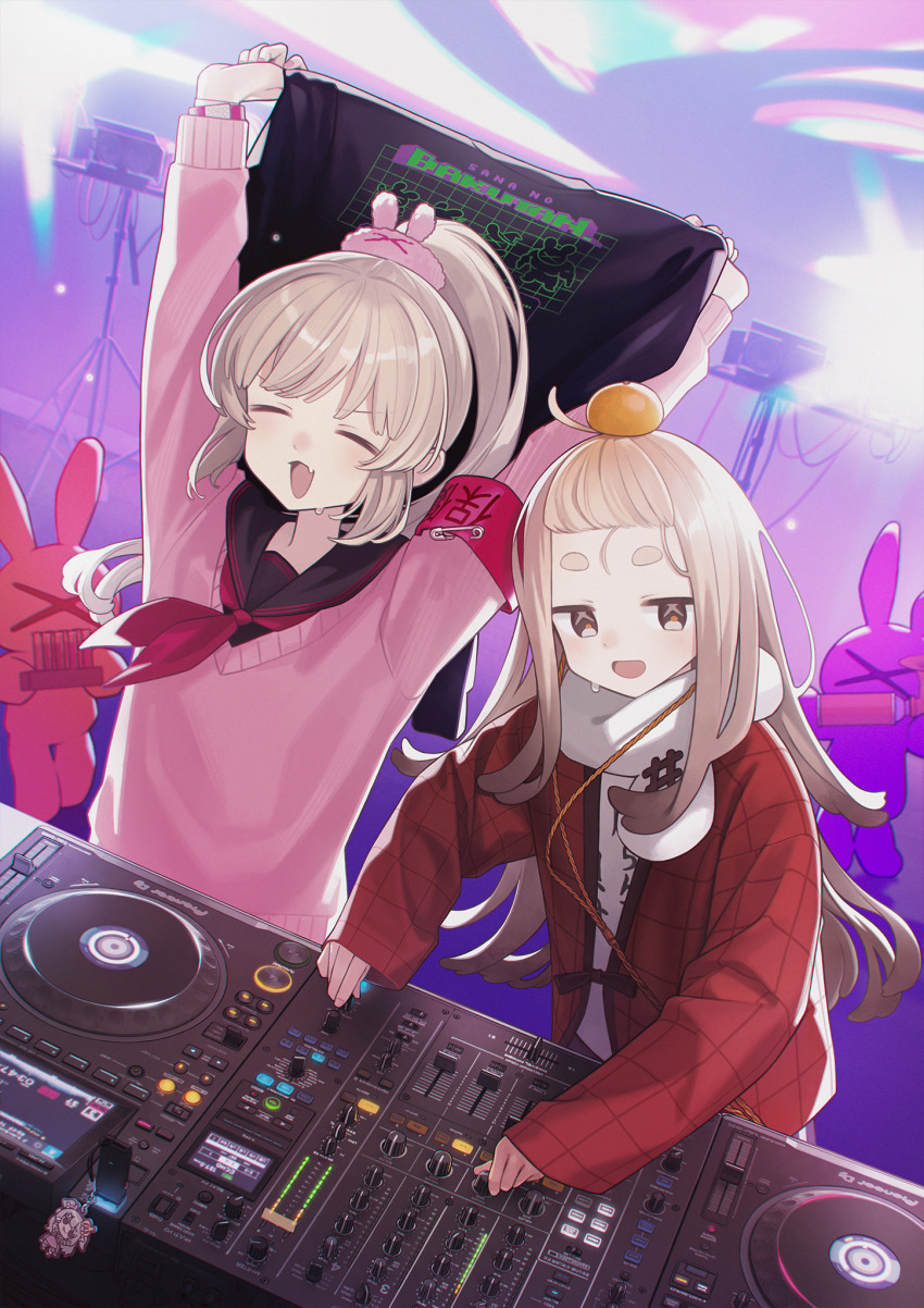 2girls animal armband arms_up astg bangs_pinned_back black_sailor_collar blonde_hair blush brown_hair charm_(object) closed_eyes commentary_request dj fang food food_on_head fruit fruit_on_head highres holding holding_shirt holding_unworn_clothes long_hair long_sleeves looking_at_viewer multiple_girls natori_sana natori_sana_(school_uniform) neckerchief object_on_head open_mouth orange_(fruit) phonograph rabbit red_armband red_neckerchief safety_pin saigou_r_irori sailor_collar sana_channel scarf shirt skin_fang sleeves_past_wrists sweat turntable unworn_shirt very_long_hair virtual_youtuber