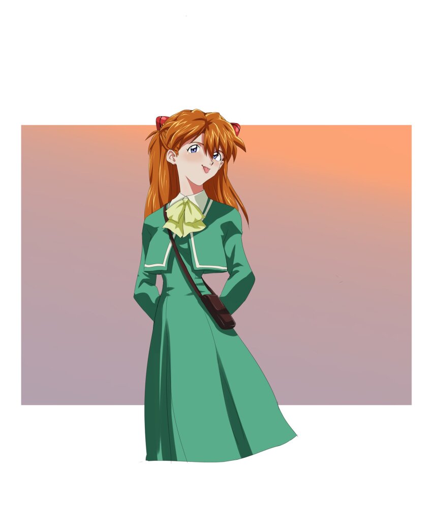 1girl :p alternate_costume amondetauro arms_behind_back bag blue_eyes cropped_legs dress green_dress highres interface_headset_(evangelion) looking_at_viewer neon_genesis_evangelion orange_hair shoulder_bag solo souryuu_asuka_langley tongue tongue_out