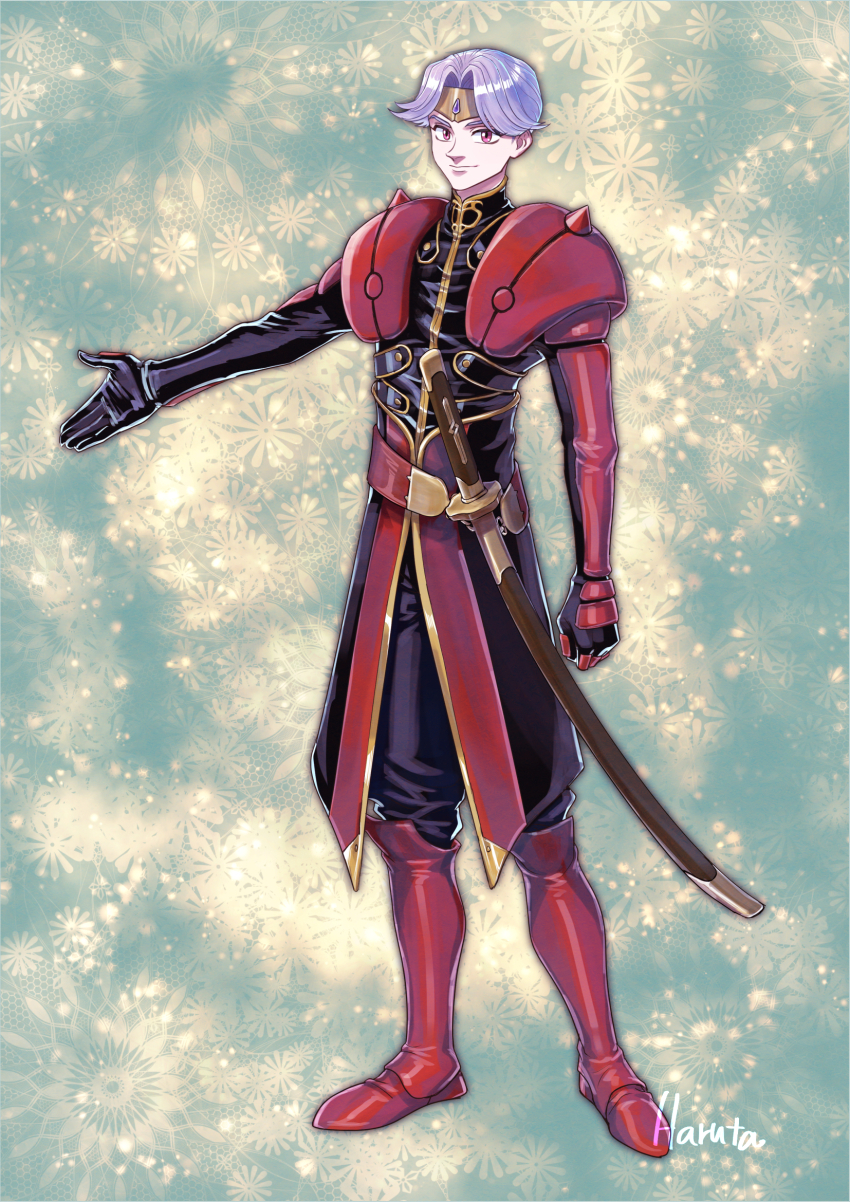 1boy arm_at_side armor artist_name black_gloves boots circlet dilandau_albatou full_body gloves highres male_focus pink_eyes purple_hair red_boots red_eyes short_hair smile solo standing sword tenkuu_no_escaflowne tokoharuland_(parfait) weapon