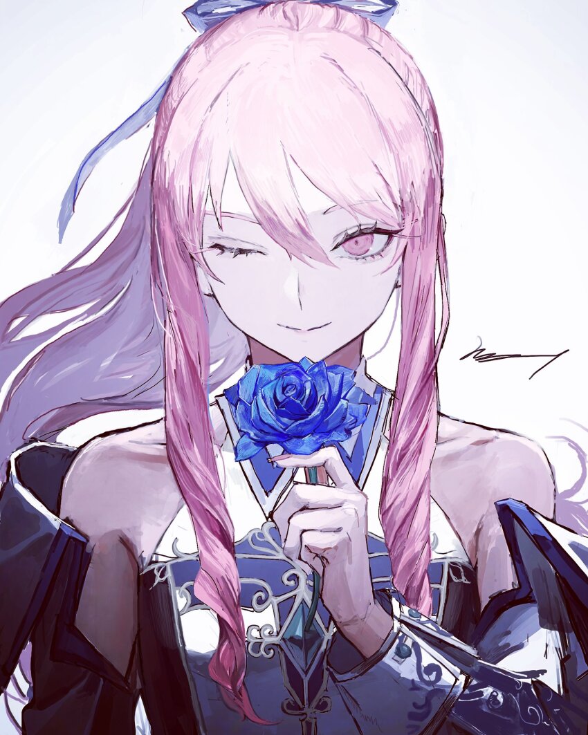 1other akiyama_mizuki androgynous bare_shoulders blue_flower blue_ribbon blue_rose closed_eyes collarbone flower hair_ribbon highres holding holding_flower kaitou_shinshi_no_harahara!?_white_day_(project_sekai) long_sidelocks looking_at_viewer official_alternate_costume official_alternate_hair_length official_alternate_hairstyle one_eye_closed pink_eyes pink_hair ponytail project_sekai ratte_(cf) ribbon rose shirt sidelocks signature upper_body white_shirt