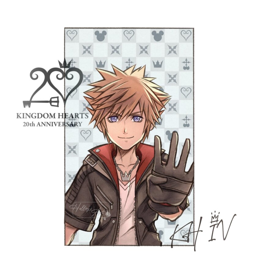 1boy anniversary artist_name black_gloves black_jacket blue_eyes brown_eyes collarbone commentary copyright_name english_commentary english_text gloves highres hollypolllyy jacket kingdom_hearts kingdom_hearts_iv looking_at_viewer male_focus mickey_mouse_(symbol) nomura_tetsuya_(style) official_alternate_costume open_clothes open_jacket shirt short_sleeves signature solo sora_(kingdom_hearts) spiked_hair white_shirt