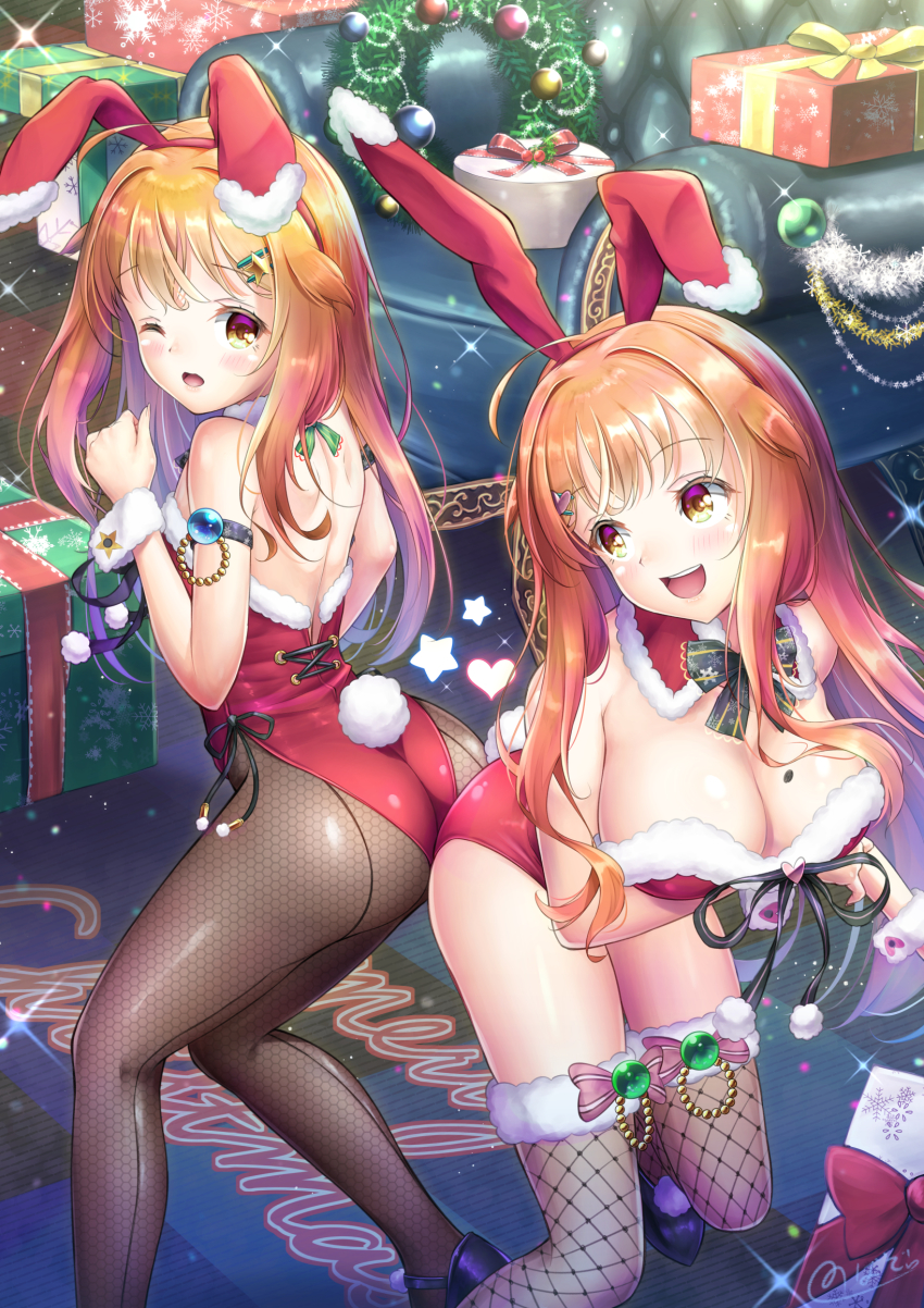 1boy 1girl androgynous animal_ears ass ass-to-ass bare_shoulders black_pantyhose blush breasts brother_and_sister christmas cleavage crossdressing detached_collar fake_animal_ears fishnets fur-trimmed_leotard fur_trim heart high_heels highleg highleg_leotard highres large_breasts leotard long_hair looking_back male_playboy_bunny mary_janes natsusora_aona natsusora_wakana novady one_eye_closed open_mouth orange_eyes orange_hair original pantyhose playboy_bunny rabbit_ears rabbit_tail santa_costume shiny_clothes shiny_skin shoes siblings smile standing star_(symbol) tail thighhighs trap twins very_long_hair wide_hips