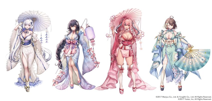4girls ahoge aqua_dress azuma_(azur_lane) azur_lane baltimore_(azur_lane) black_hair blue_dress breasts bremerton_(azur_lane) cleavage closed_mouth dress full_body gloves hand_fan highres holding holding_fan holding_umbrella illustrious_(azur_lane) komeshiro_kasu large_breasts long_hair long_sleeves looking_at_viewer multiple_girls official_art one_eye_closed open_mouth pink_dress pink_hair sandals short_hair simple_background smile socks tabi thighhighs tongue tongue_out umbrella white_background white_dress white_gloves white_hair white_socks white_thighhighs wide_sleeves