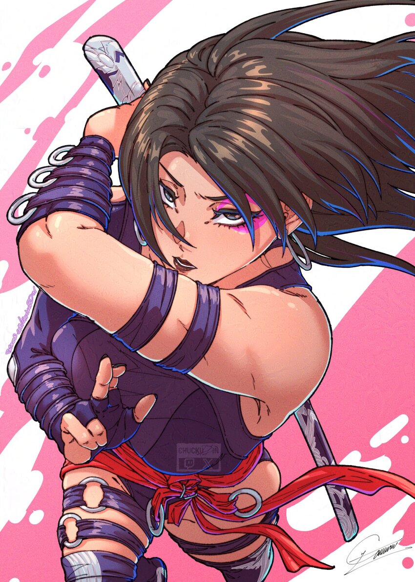 1girl bare_shoulders breasts chuckuddin elbow_gloves gloves highleg highleg_leotard highres holding holding_sword holding_weapon large_breasts leotard long_hair looking_at_viewer marvel marvel_rivals psylocke psylocke_(vengeance) purple_eyes purple_hair sash solo superhero_costume sword thighhighs weapon x-men