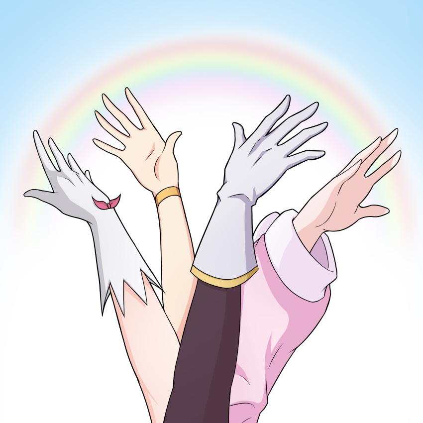 4girls arm_up ayanami_(azur_lane) azur_lane blue_background brown_sleeves card_(medium) card_parody gloves gradient_background highres javelin_(azur_lane) laffey_(azur_lane) long_sleeves multiple_girls puffy_long_sleeves puffy_sleeves rainbow rock_zinc white_background white_gloves z23_(azur_lane)