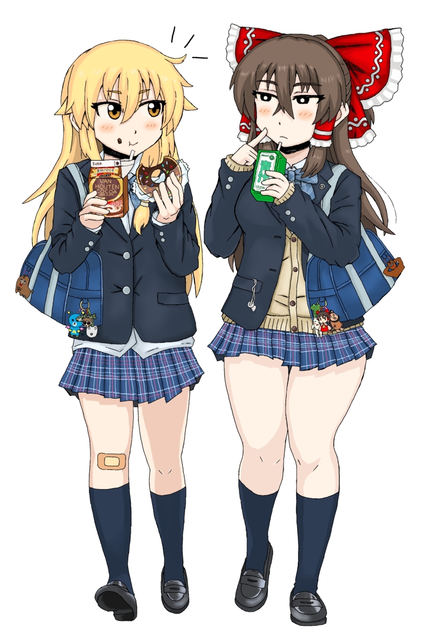 2girls alternate_costume bag bag_charm black_eyes black_footwear black_jacket black_socks blazer blonde_hair blue_bag blue_bow blue_bowtie blue_skirt blush bow bowtie breasts bright_pupils brown_cardigan brown_hair cardigan charm_(object) chocolate_donut closed_mouth commentary_request cookie_(touhou) donut eating expressionless food frilled_bow frilled_hair_tubes frills full_body hair_bow hair_tubes hakurei_reimu hide_(acceed) highres holding holding_donut holding_food holding_juice_box holding_milk_carton inmu-kun jacket kirisame_marisa loafers long_hair long_sleeves looking_at_another looking_to_the_side manatsu_no_yo_no_inmu medium_breasts milk_carton miniskirt multiple_girls plaid_bow plaid_bowtie plaid_clothes plaid_skirt red_bow reu_(cookie) reu_daikon sakenomi_(cookie) school_bag school_uniform shirt shoes simple_background skirt smile socks touhou tsurime_suki uzuki_(cookie) van_houten walking white_background white_pupils white_shirt yellow_eyes